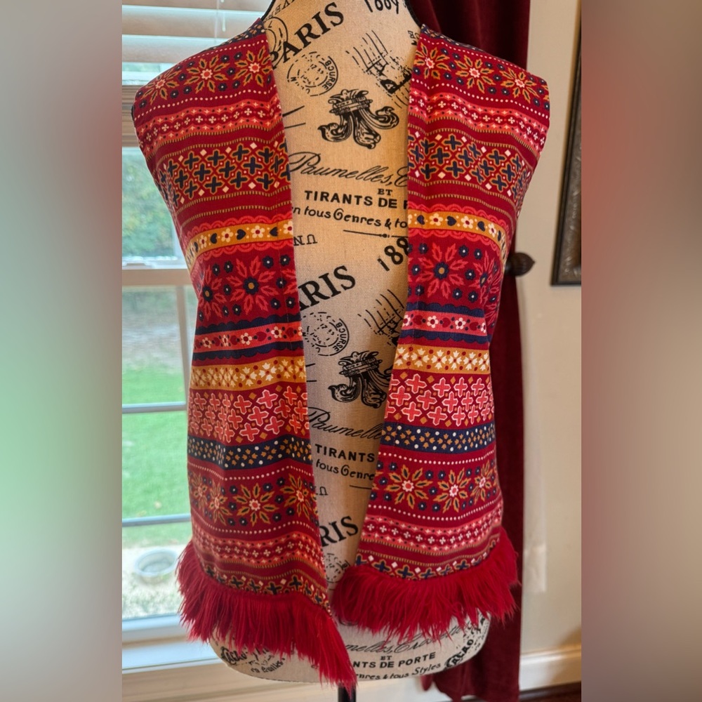 Vintage 70s Sears Fringe Vest Folk Striped Hippie Boho Floral Bright Red Orange